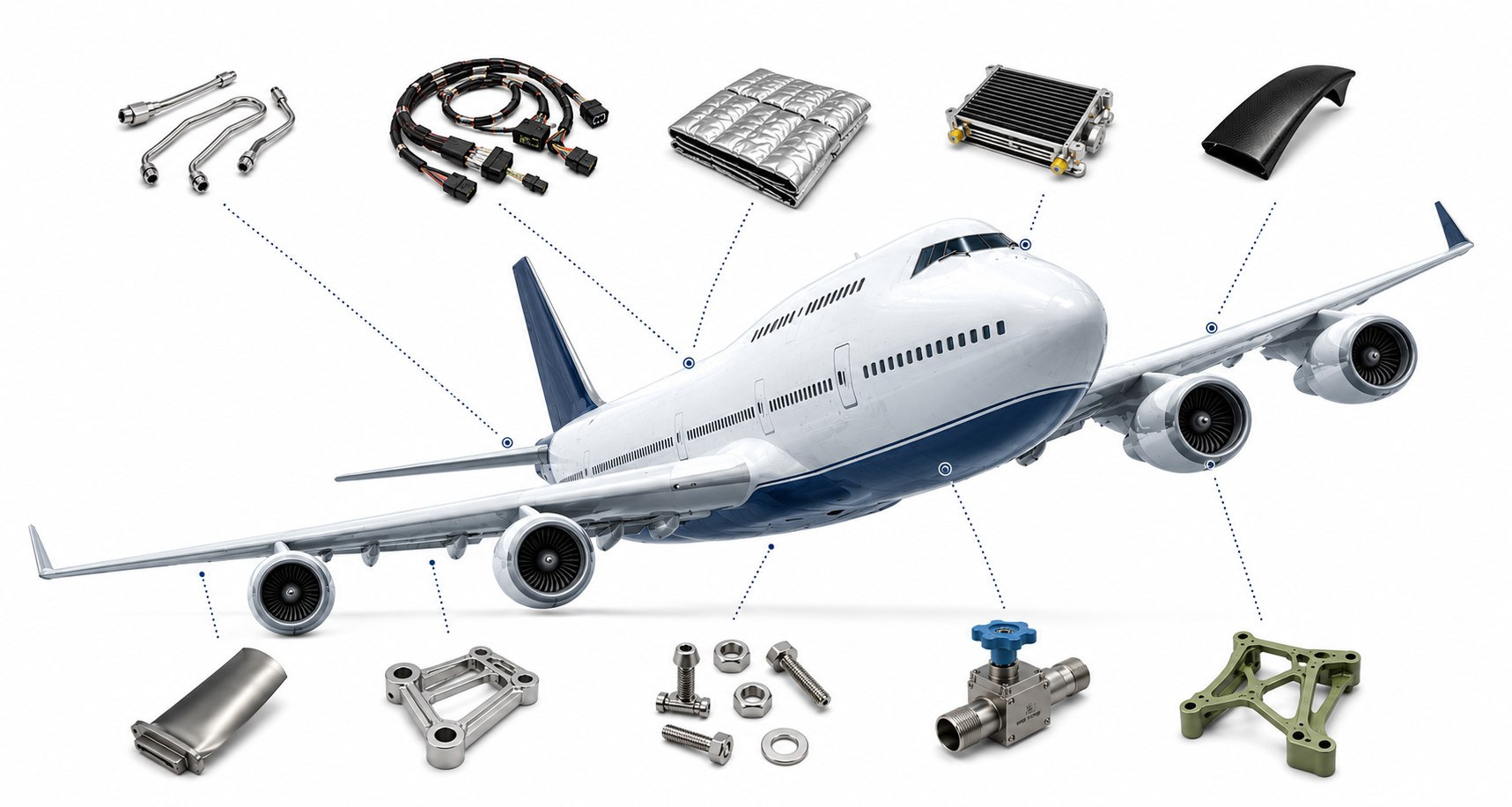 An airliner surrounded by aircraft parts: tubes, harnesses, insulation blankets, a heat exchanger, a composite part, an engine blade, brackets, fasteners and a valve
